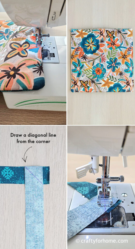 Sewing blue fabric strips.