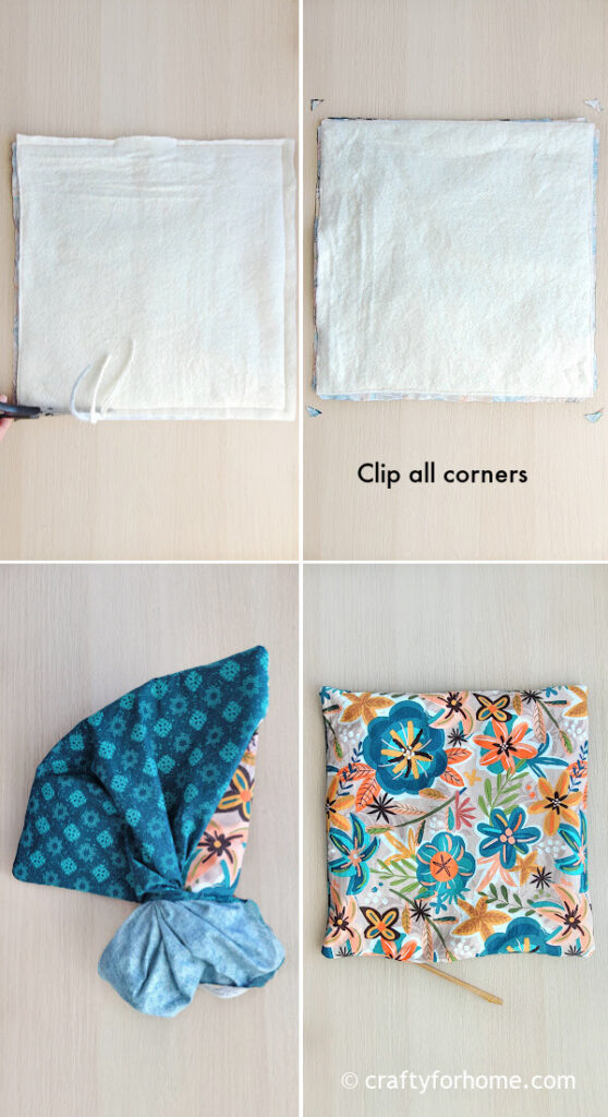 Turning blue fabric right side out.