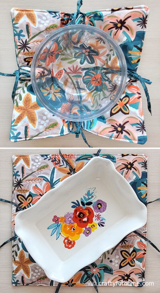 White pan on the floral hot pad.