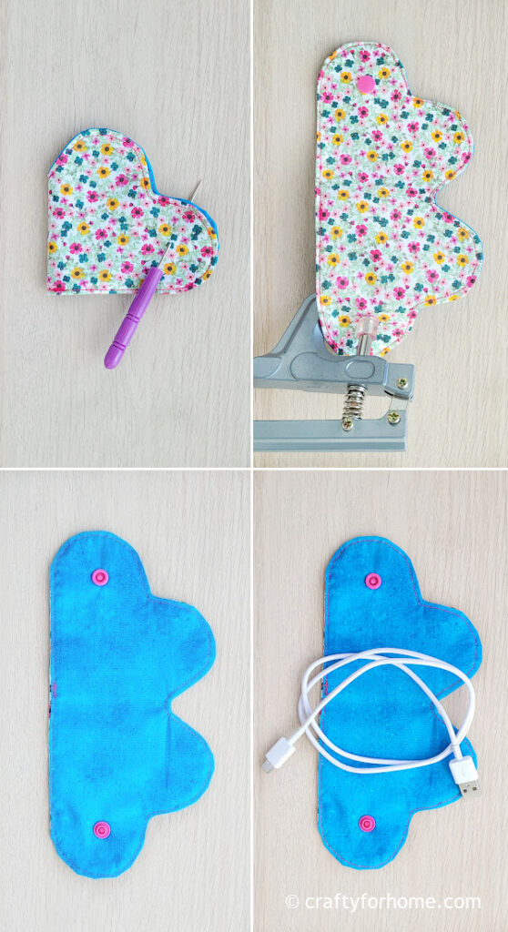 Attaching pink snap buttons.