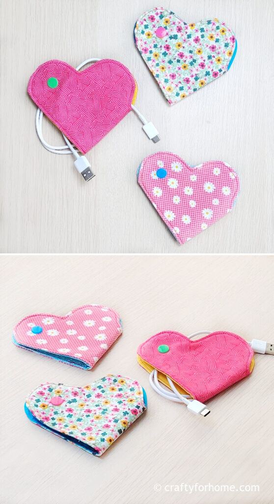 Heart shaped fabric wrapping white cord.