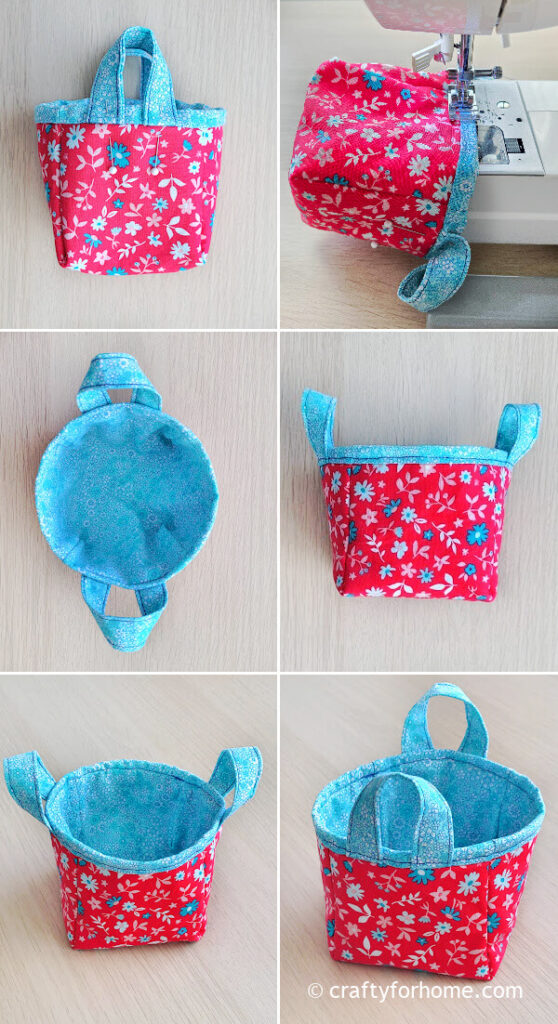 Pink fabric basket with blue lining.
