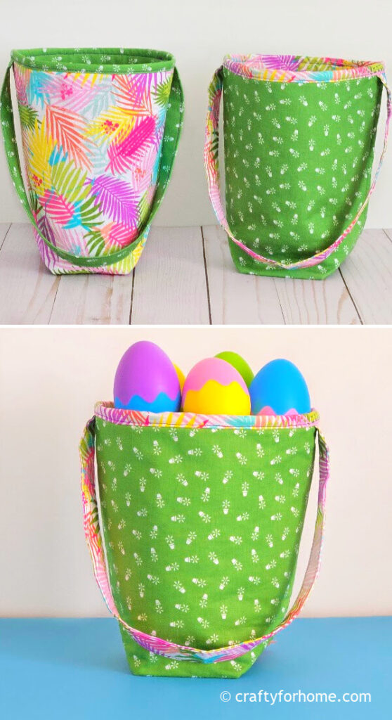 Plastic egg on the green fabric basket.