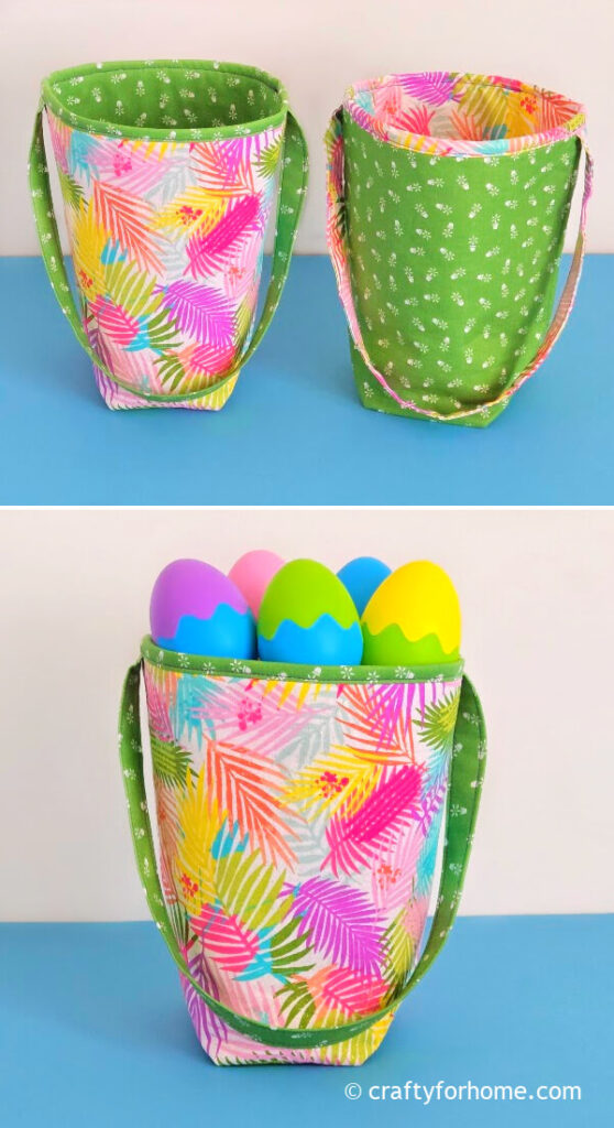 Plastic eggs on the fabric basket.