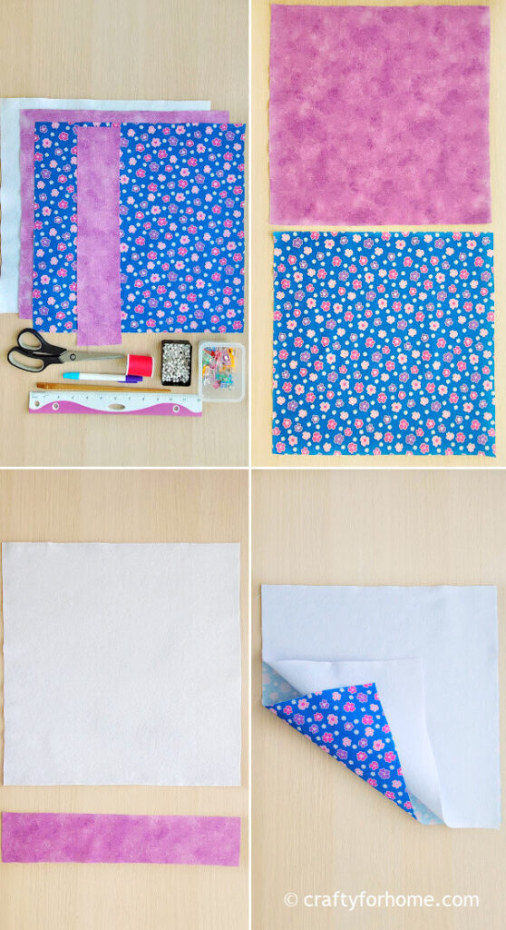Blue and purple fabric squares.