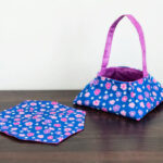 Blue mug rug with blue fabric basket.