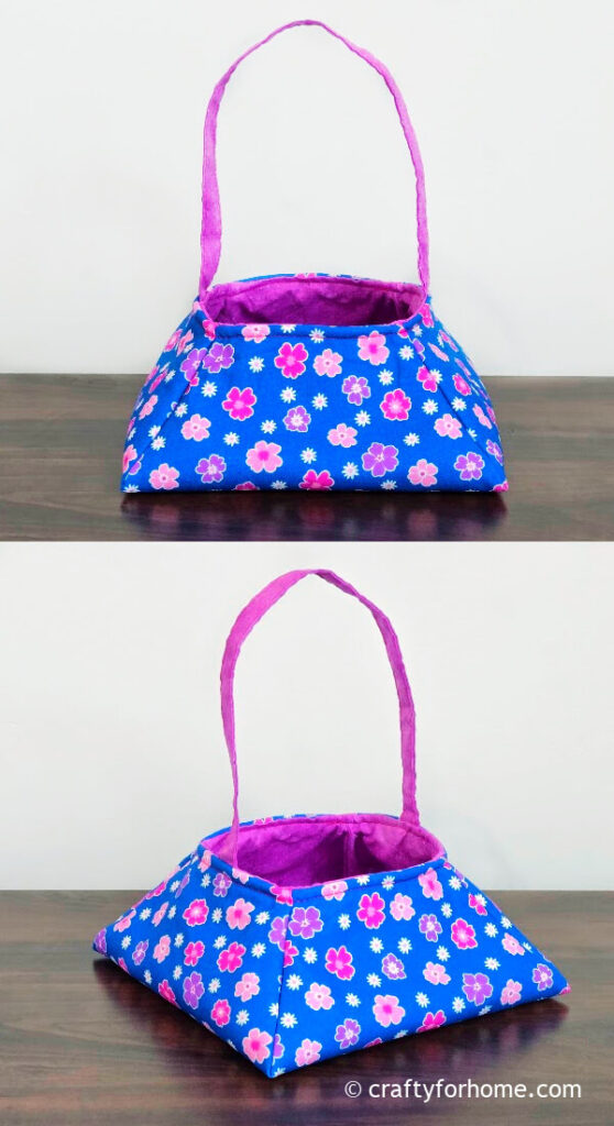 Blue trapezoid fabric basket with purple handle.