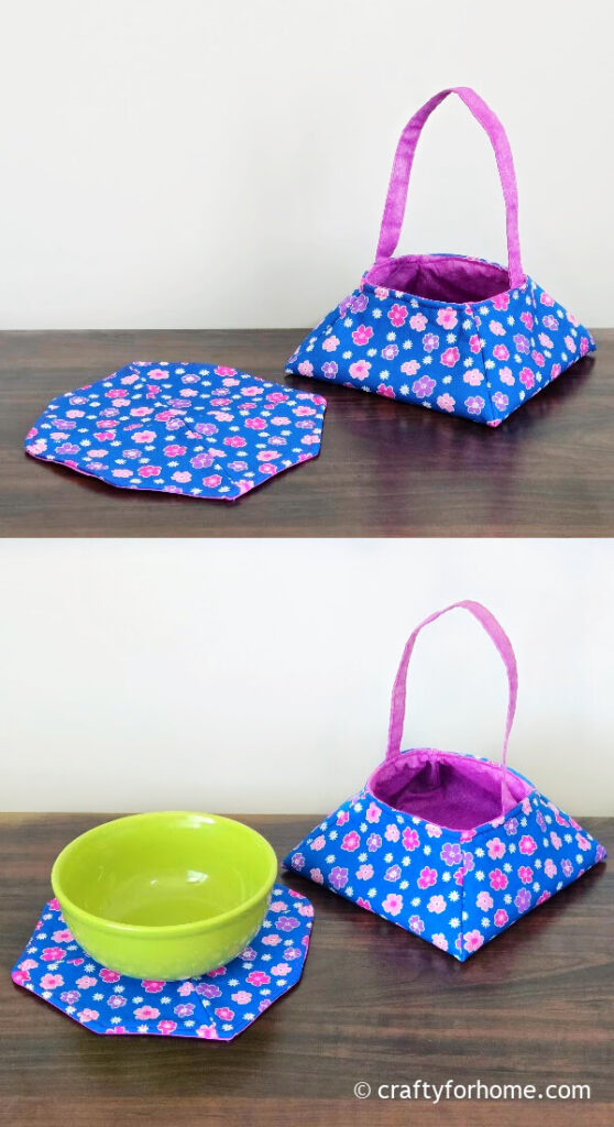 Fabric basket with green bowl.