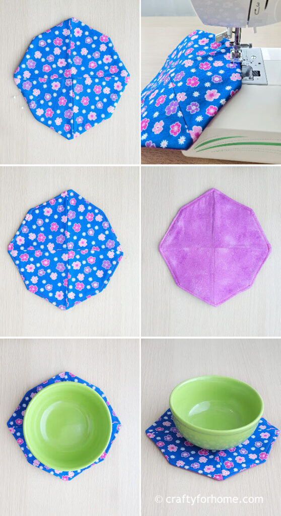 Octagon mug rug with a green bowl.