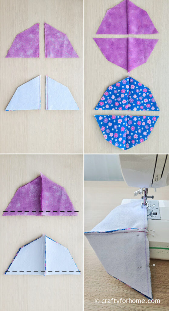 Patchwork blue and purple scrap fabrics.