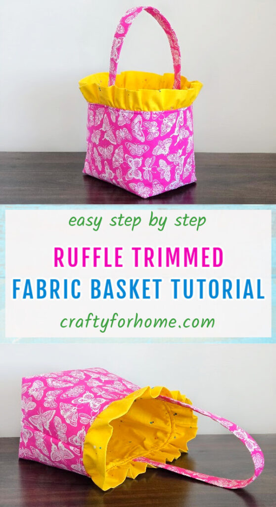 Pink fabric basket with ruffle.