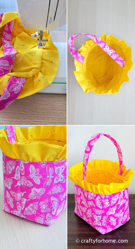 Pink basket with yellow ruffle.