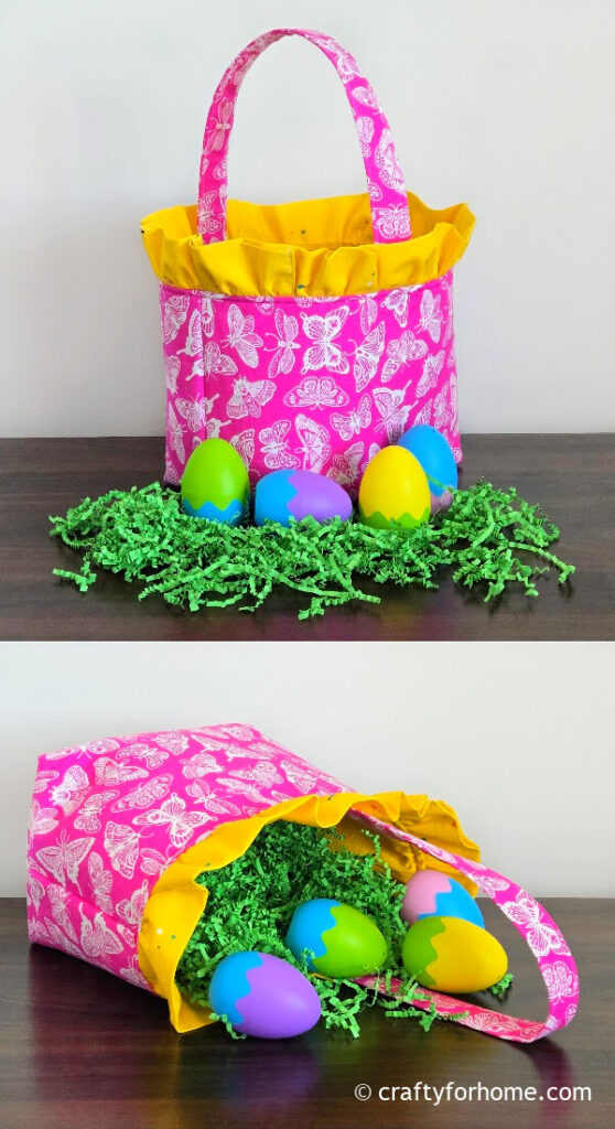 Plastic egg on fabric basket.