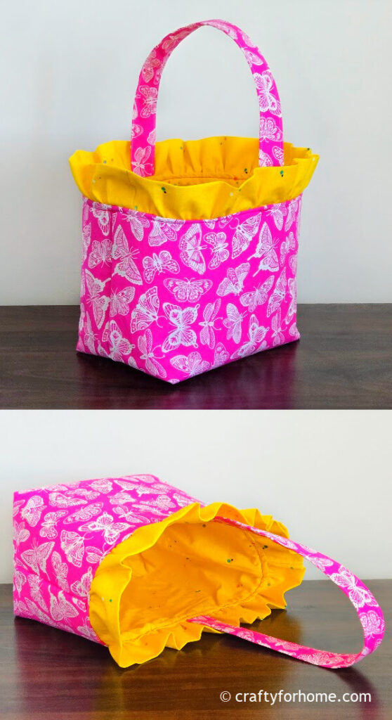 Ruffled fabric basket from pink fabric.